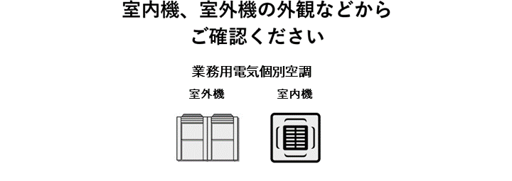 室内機、室外機の外観などからご確認ください。＜業務用個別方式＞ 室外機(電気)　室内機　室外機(ガス)